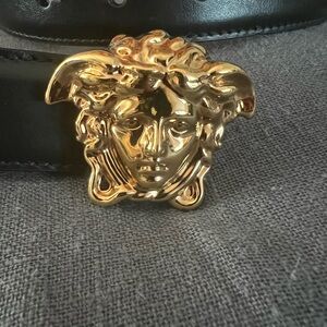 Versace Black Leather Belt with Gold Buckle